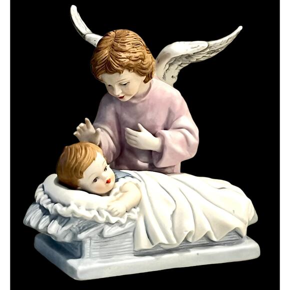 VTG Porcelain Angel & Baby In Bed 5" Figurine 1991 Blue Pink White Nursery Decor - Picture 2 of 6